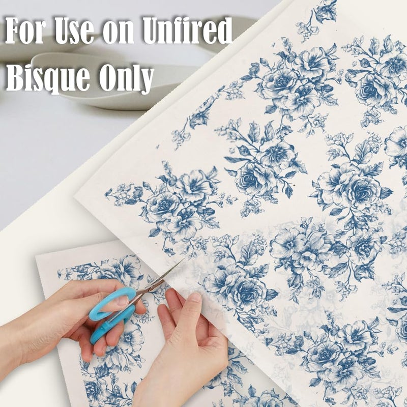 SUPERDANT 5PCS Rose Cluster Underglaze Paper Transfer Flowers Transfer Paper for Clay Ceramic Porcelain Under Glaze Transfers for Pottery Enamel Decals Blue Underglaze Decal Papers Handcrafted Gifts - Image 3